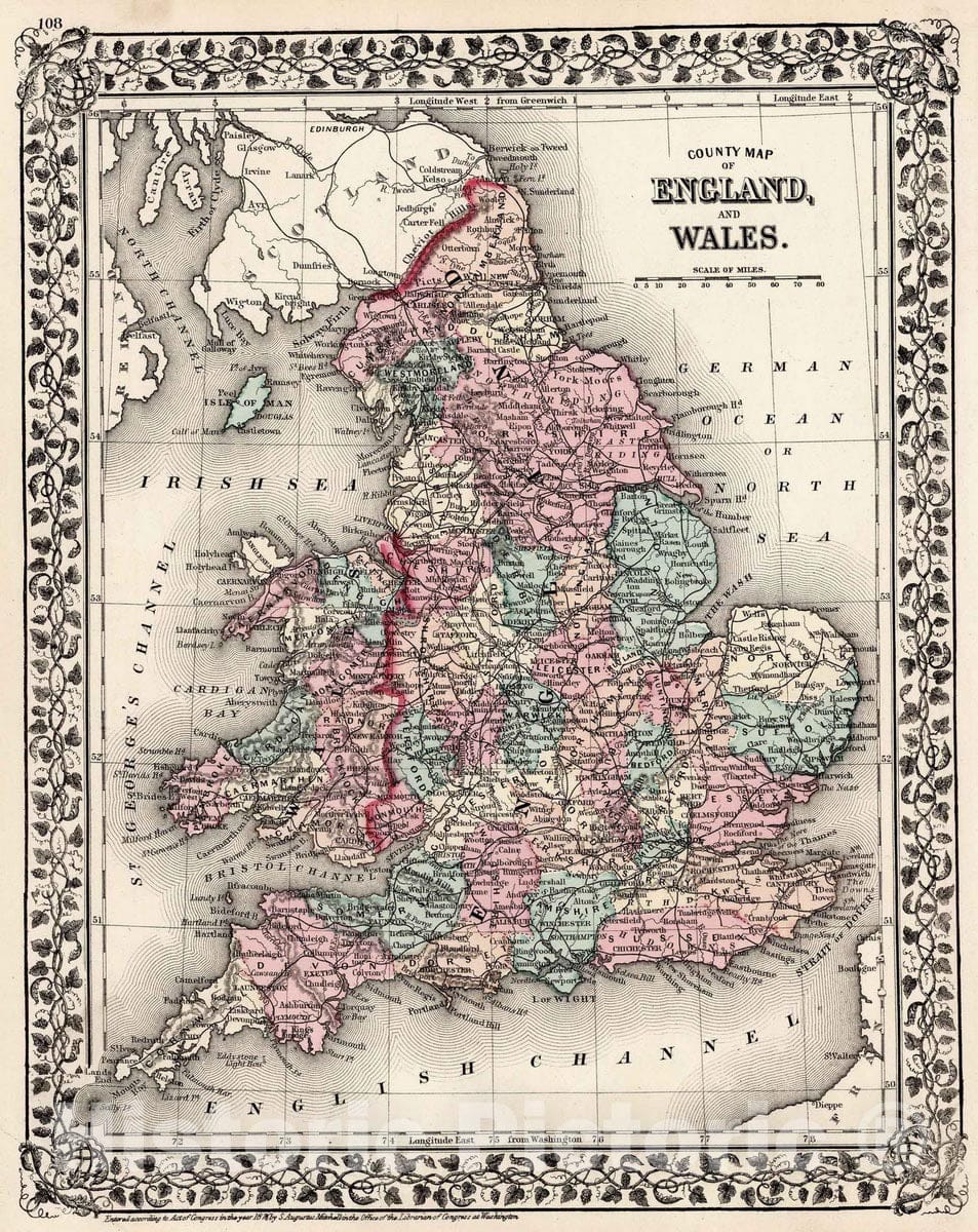 Historic Map : 1877 County map of England and Wales - Vintage Wall Art