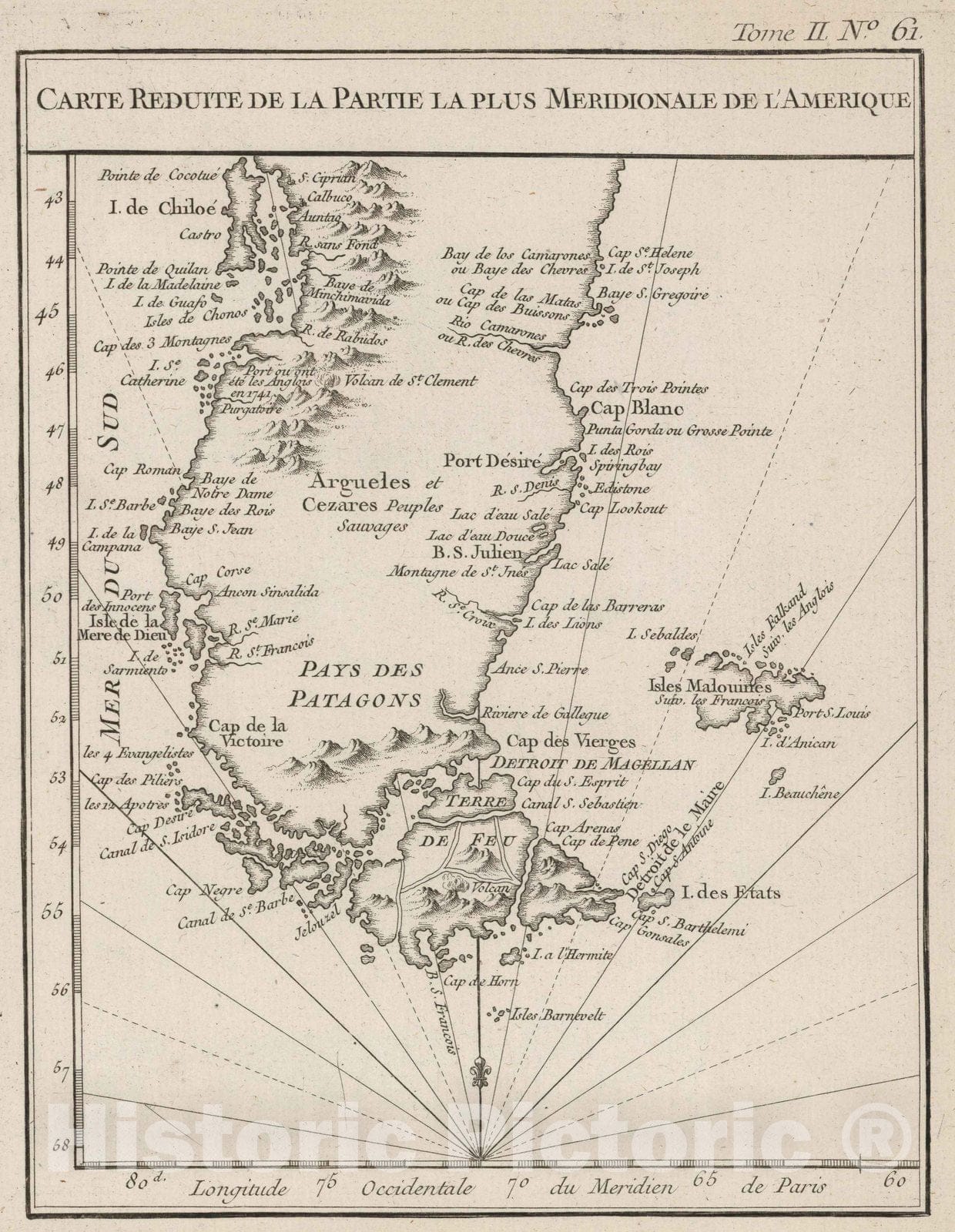 Historic Map : Argentina; Chile, 1764 Carte reduite de la partie la plus meridionale de I'Amerique. , Vintage Wall Art