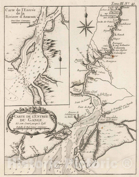 Historic Map : India; Bangladesh, Ganges River Valley (India and Bangladesh) 1764 Carte de l'entree du Gange et son cours jusqu a Ugli , Vintage Wall Art