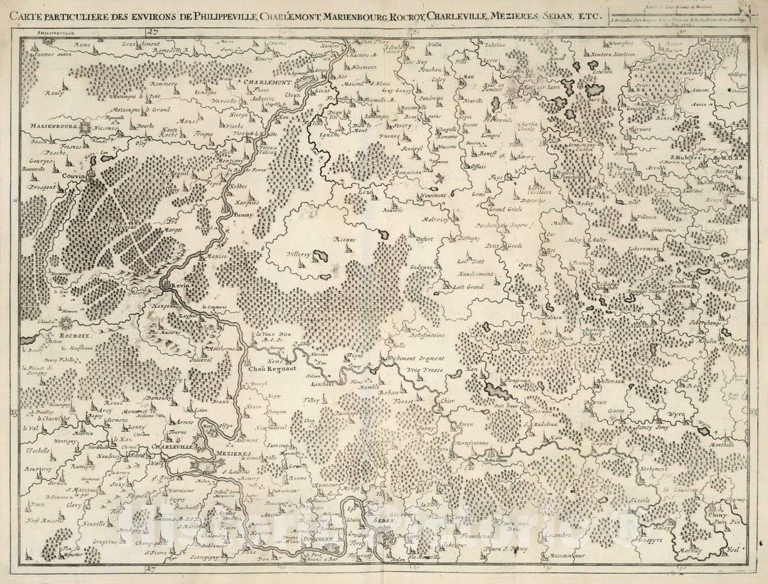 Historic Map : France, 1712 23. Carte particuliere des environs de Philippeville, Charlemont, Marienbourg, Rocroy, Charleville, Mezieres, Sedan, c. 1712. , Vintage Wall Art