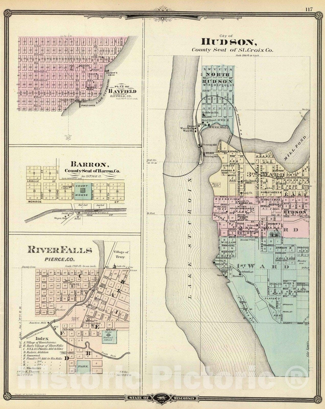 Historic Map : 1878 Hudson, Bayfield, Barron and River Falls. - Vintage Wall Art