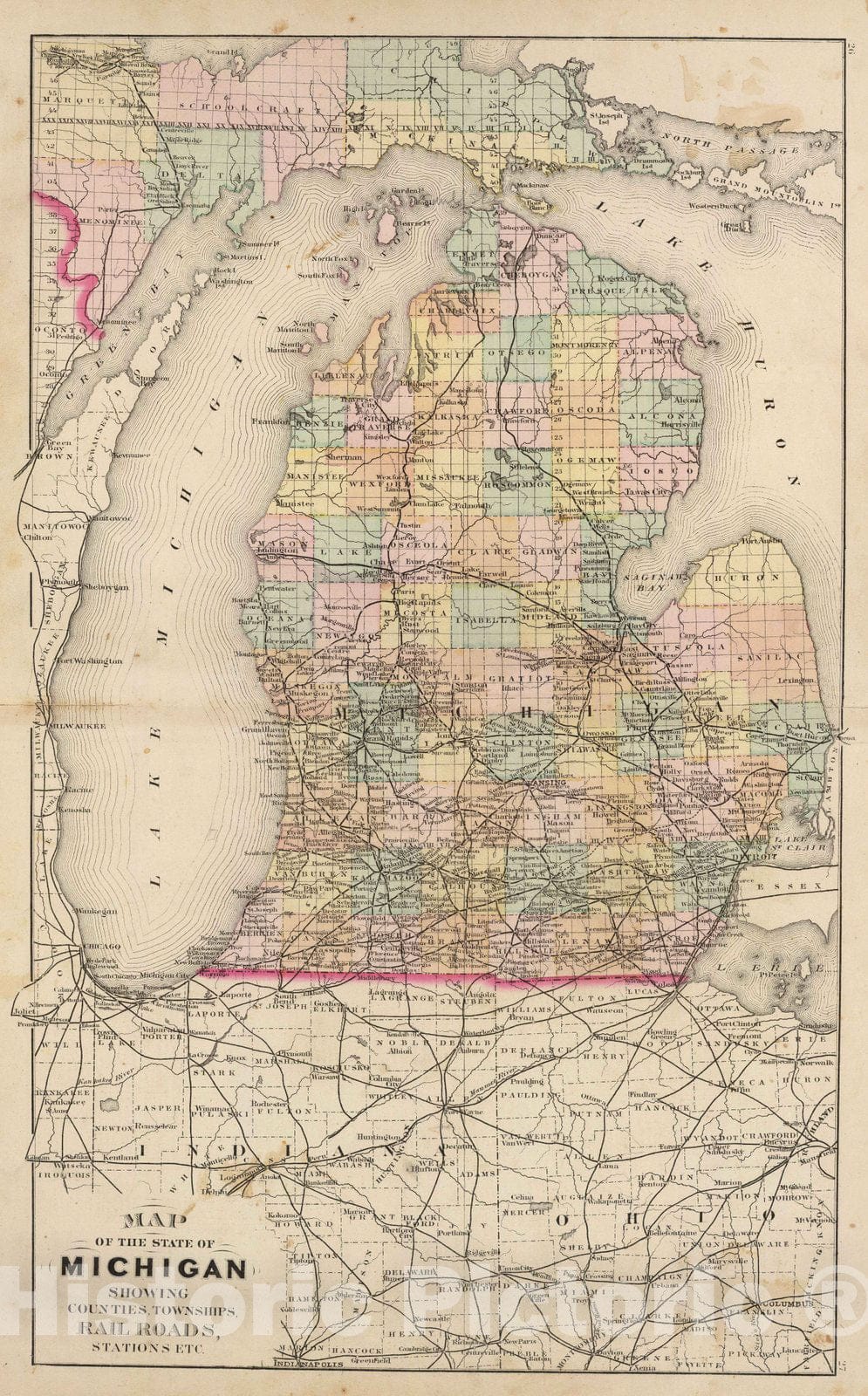 Historic Map : 1873 Map of the State of Michigan showing counties, townships, rail roads, - Vintage Wall Art