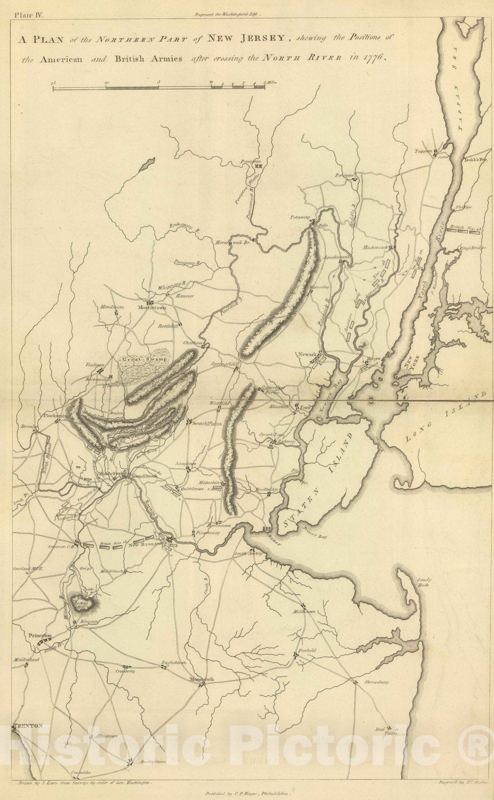 Historic Map : Atlas - 1807 Northern Part of New Jersey, shewing the the American and British Armies after crossing the North River in 1776. - Vintage Wall Art