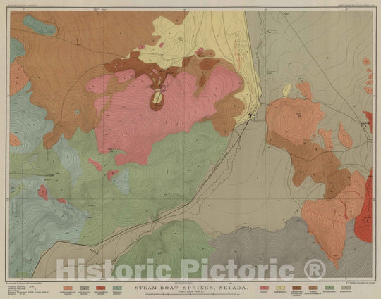 Historic Map : Geologic Atlas - 1887 Steam-Boat Springs, Nevada. - Vintage Wall Art