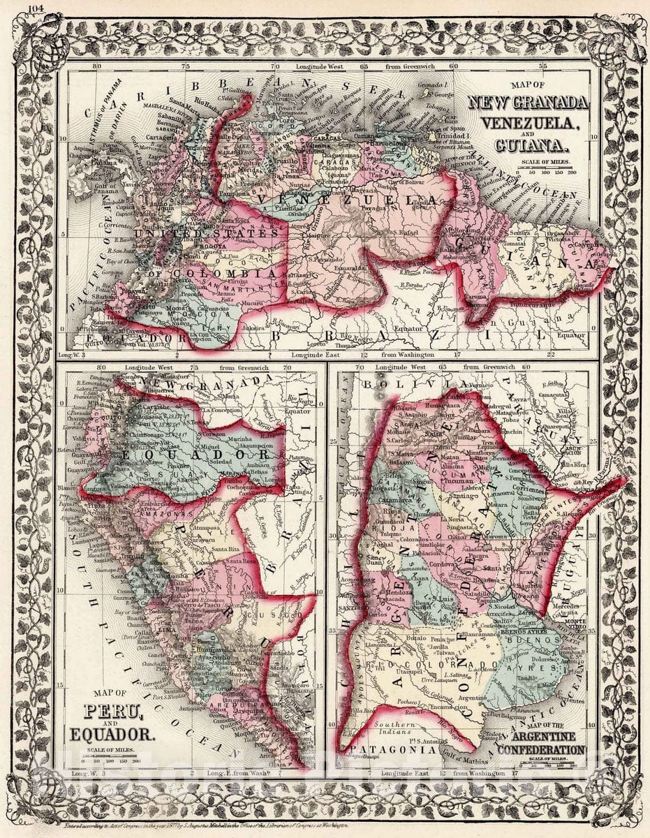 Historic Map : 1877 Map of New Granada, Venezuela and Guiana; Map of Peru and Equador ; Map of the Argentine Confederation - Vintage Wall Art