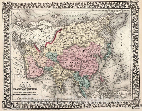 Historic Map : 1877 Map Of Asia Showing its Gt. Political Divisions - Vintage Wall Art