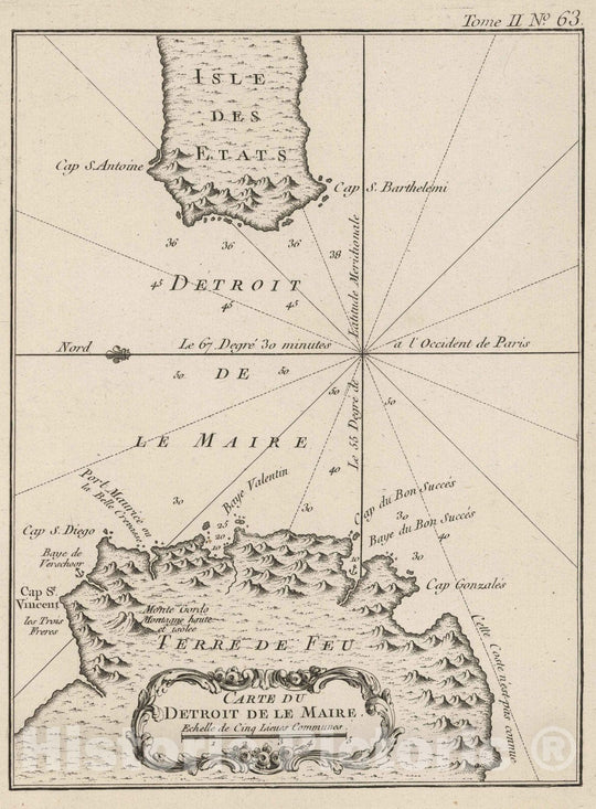 Historic Map : Argentina; Chile, Straits of Magellan 1764 Carte du detroit de la Maire. , Vintage Wall Art