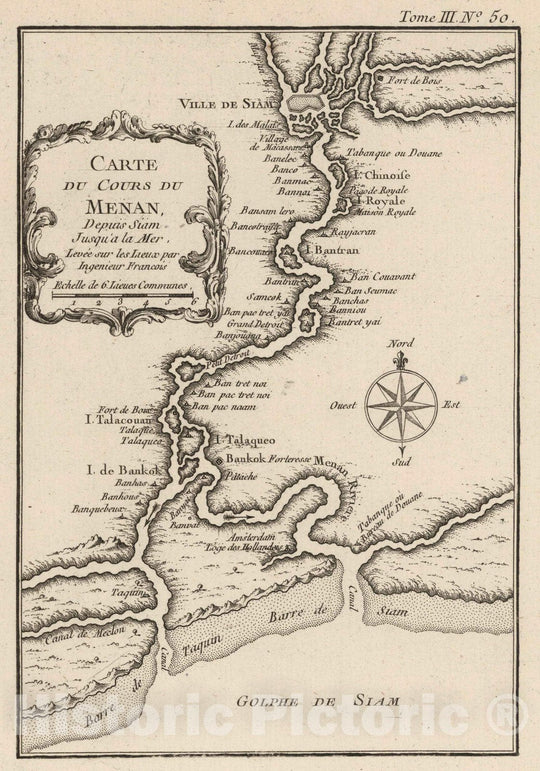 Historic Map : Thailand, 1764 Carte Du Cours Du Menan : Depuis Siam Jusqu'a la Mer , Vintage Wall Art