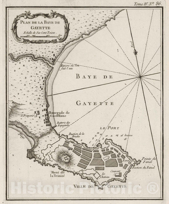 Historic Map : Italy, Mediterranean Region, Europe 1764 Plan de la ville et baye de Gayette , Vintage Wall Art