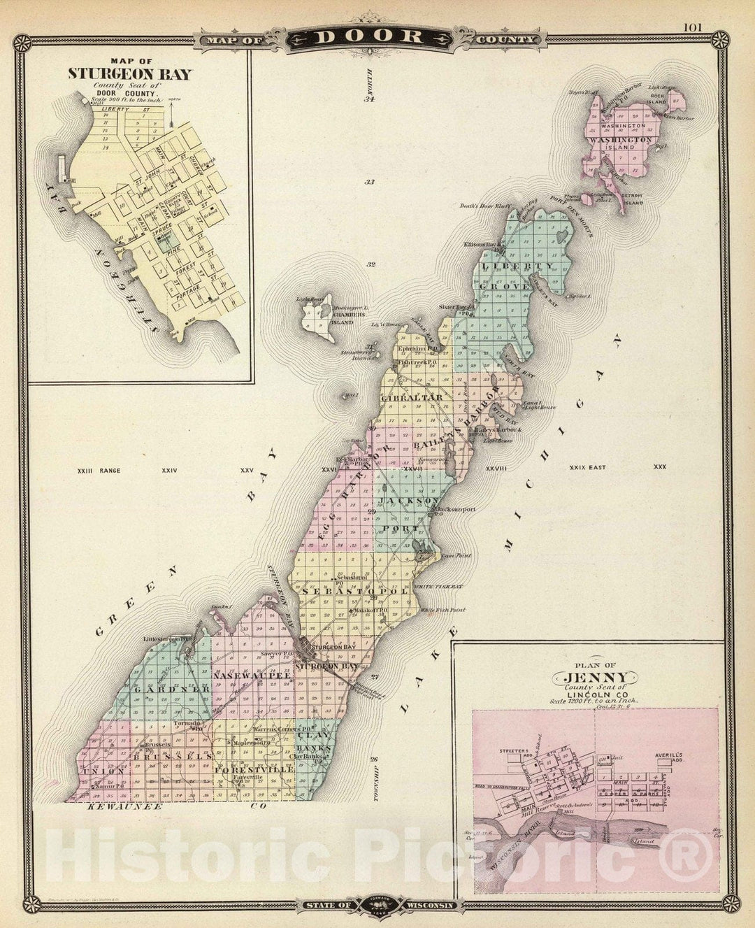 Historic Map - Maps of Door County, Sturgeon Bay and Jenny, State of Wisconsin, 1878 State Atlas - Vintage Wall Art