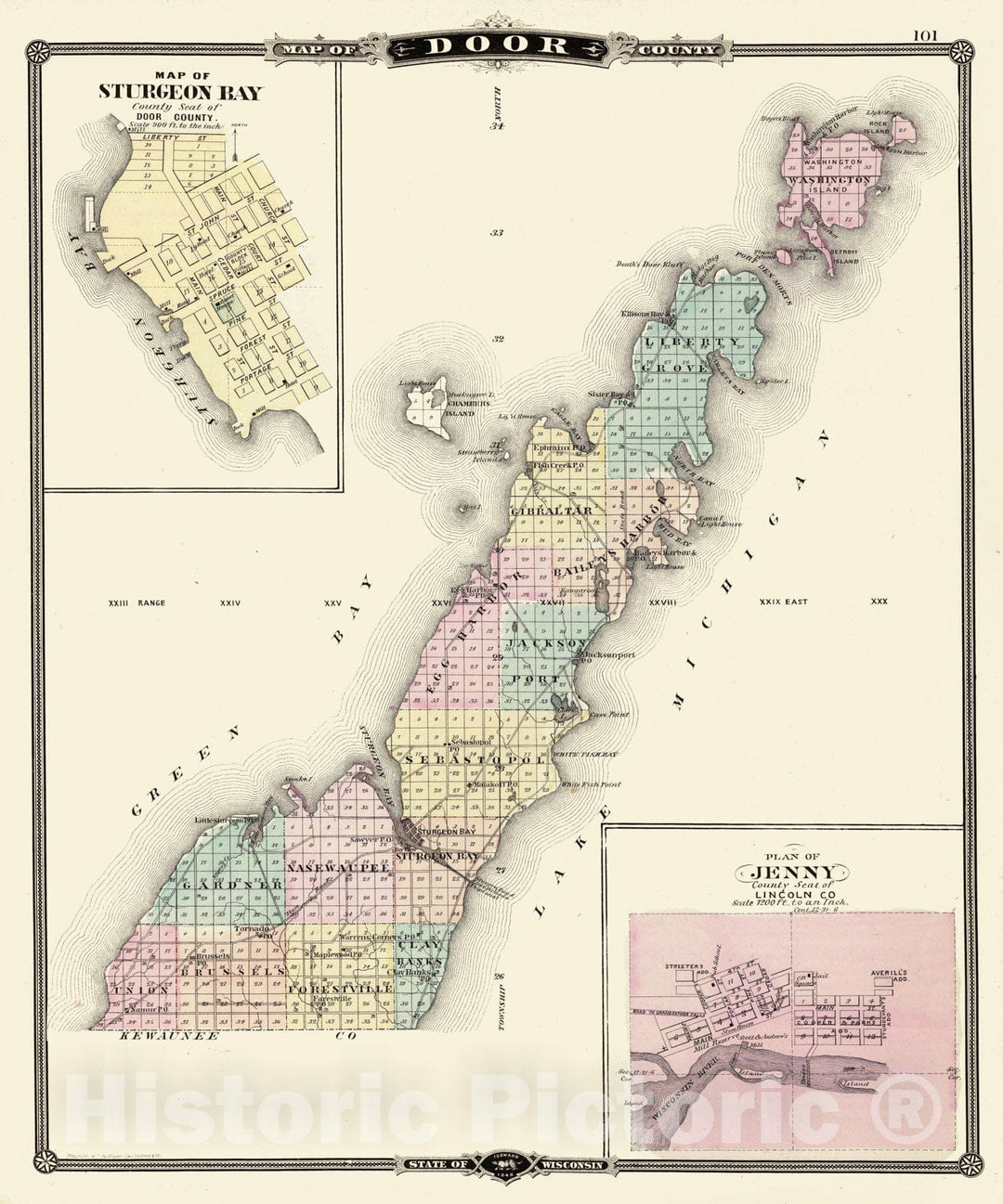 Historic Map - Maps of Door County, Sturgeon Bay and Jenny, State of Wisconsin, 1878 State Atlas - Vintage Wall Art