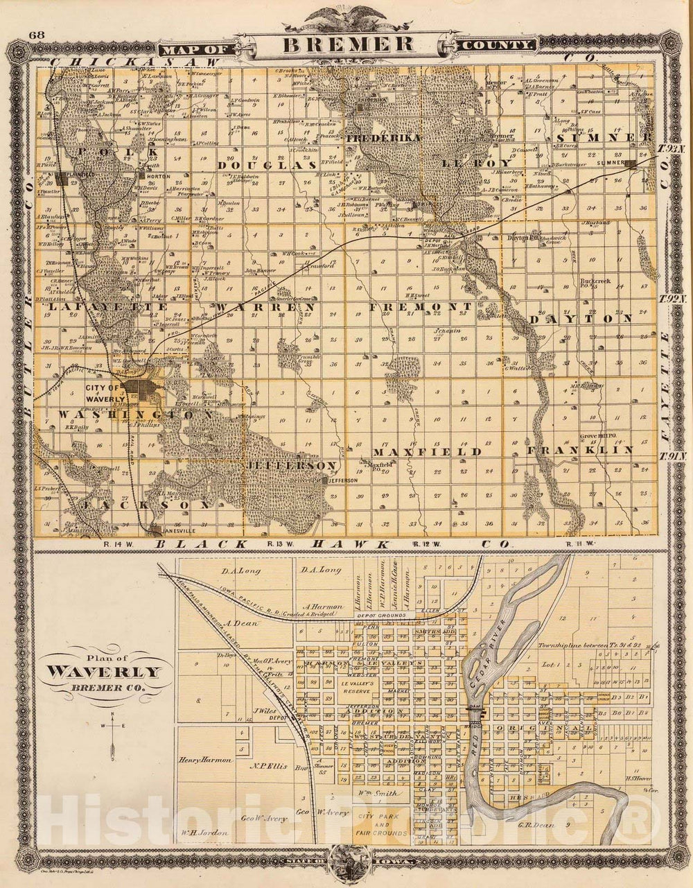 Historic Map : 1875 Map of Bremer County, Plan of Waverly, State of Iowa. - Vintage Wall Art