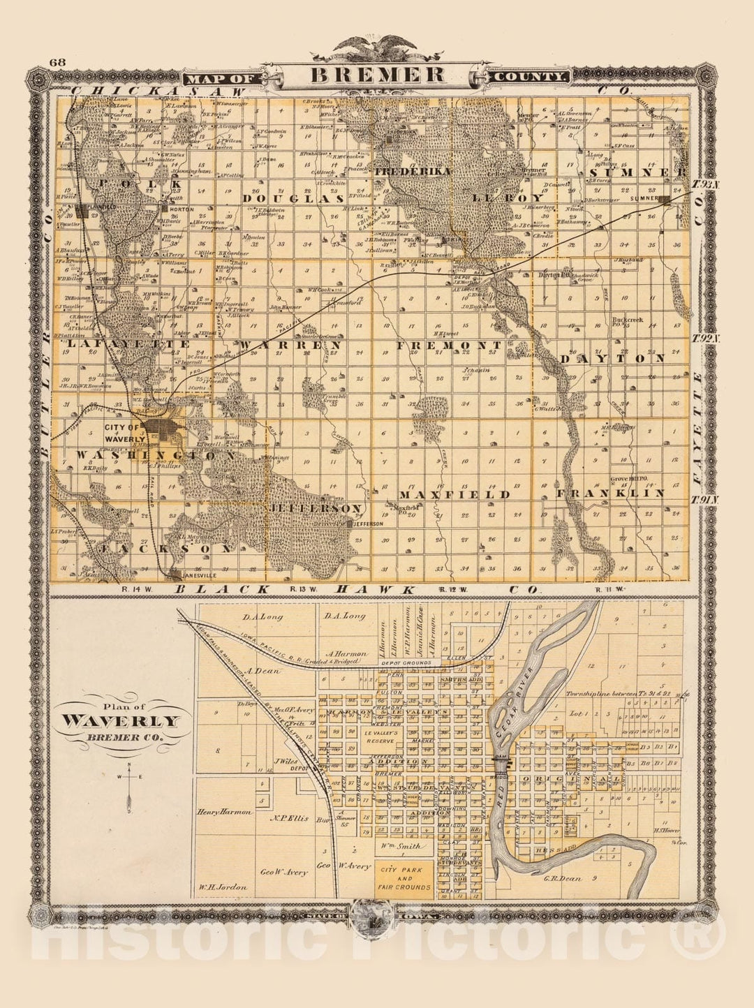 Historic Map : 1875 Map of Bremer County, Plan of Waverly, State of Iowa. - Vintage Wall Art