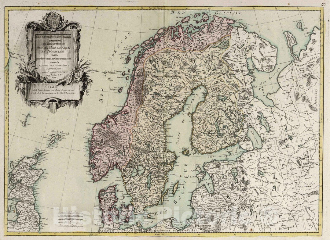 Historic Map : Scandinavia, Europe 1760 Les Couronnes Du Nord Comprenant Les Royaumes De Suede, Danemarck Et Norwege , Vintage Wall Art