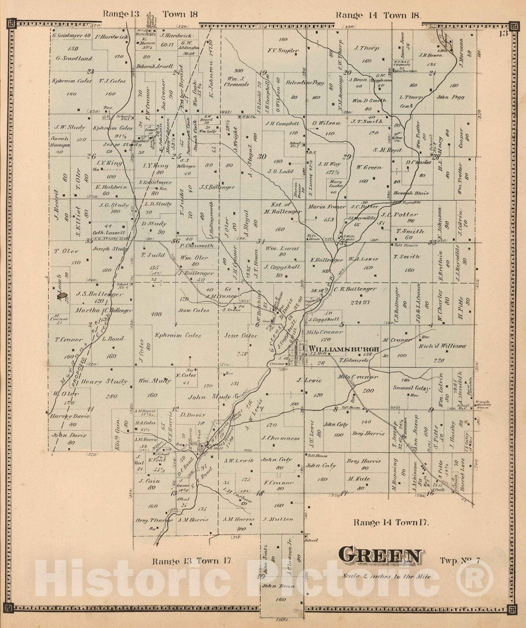 Historic Map : 1874 Green Township, Wayne County, Indiana. - Vintage Wall Art