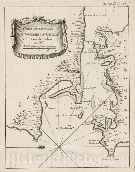 Historic Map : Chile , Chacao (Chile), 1764 Carte de l'entree du golphe du Chiloe et du port de Cachao au Chili. , Vintage Wall Art