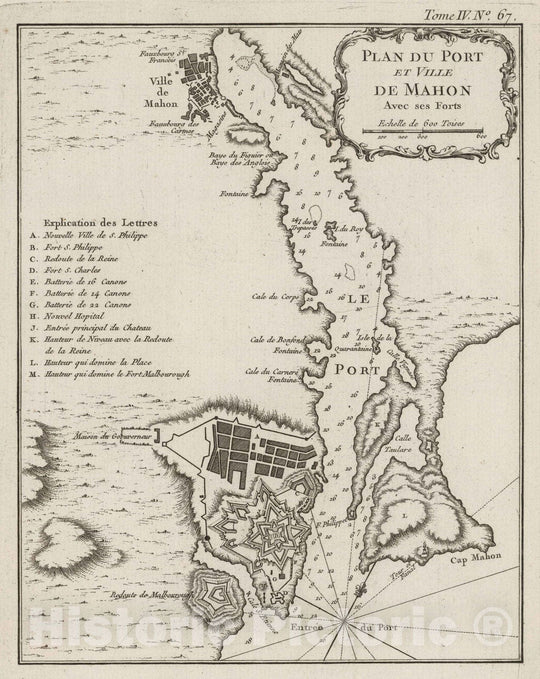 Historic Map : Spain, Mediterranean Region, Europe 1764 Plan du Port et Ville de Mahon Avec ses Forts , Vintage Wall Art