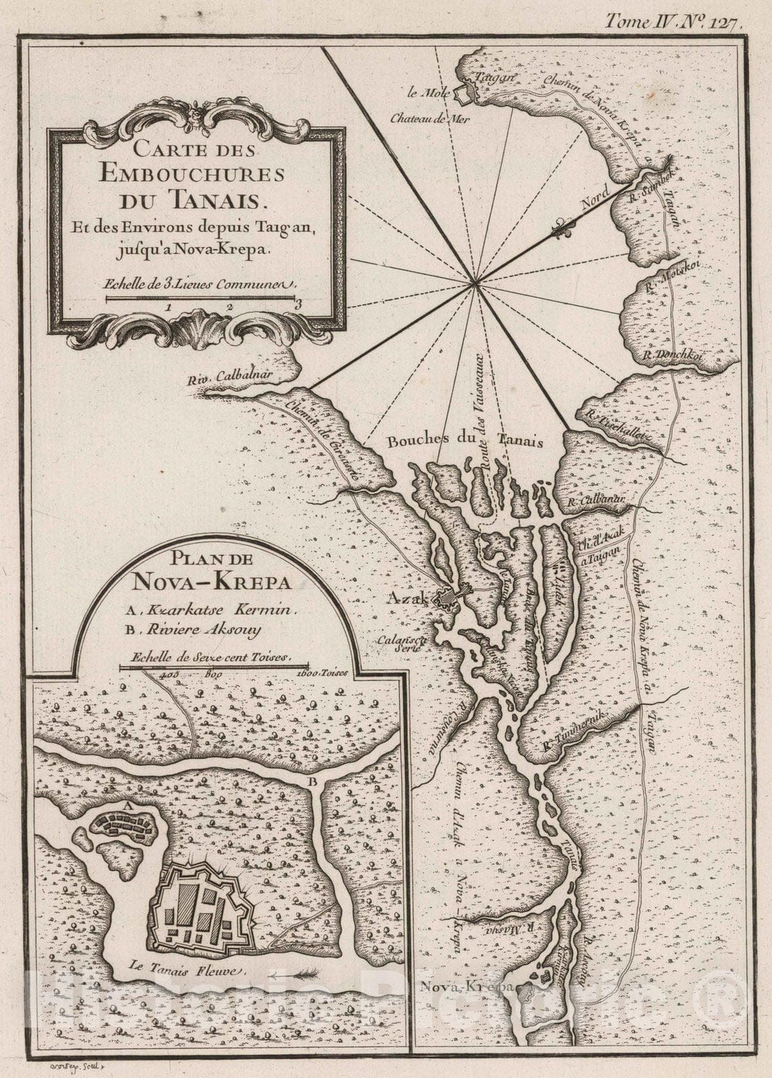 Historic Map : Russia , Tanais (Russia), Don River Delta (Russia) 1764 Carte des embouchures du Tanais, Vintage Wall Art