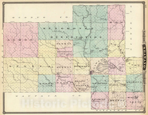 Historic Map - 1878 Map of Shawano County, State of Wisconsin. - Vintage Wall Art