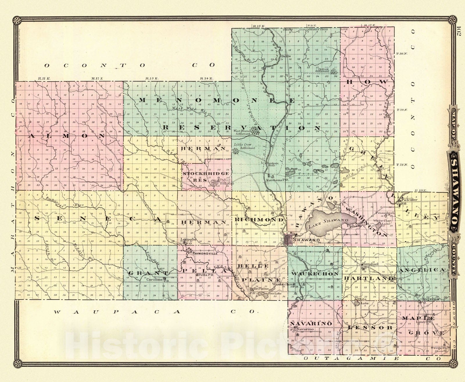 Historic Map - 1878 Map of Shawano County, State of Wisconsin. - Vintage Wall Art