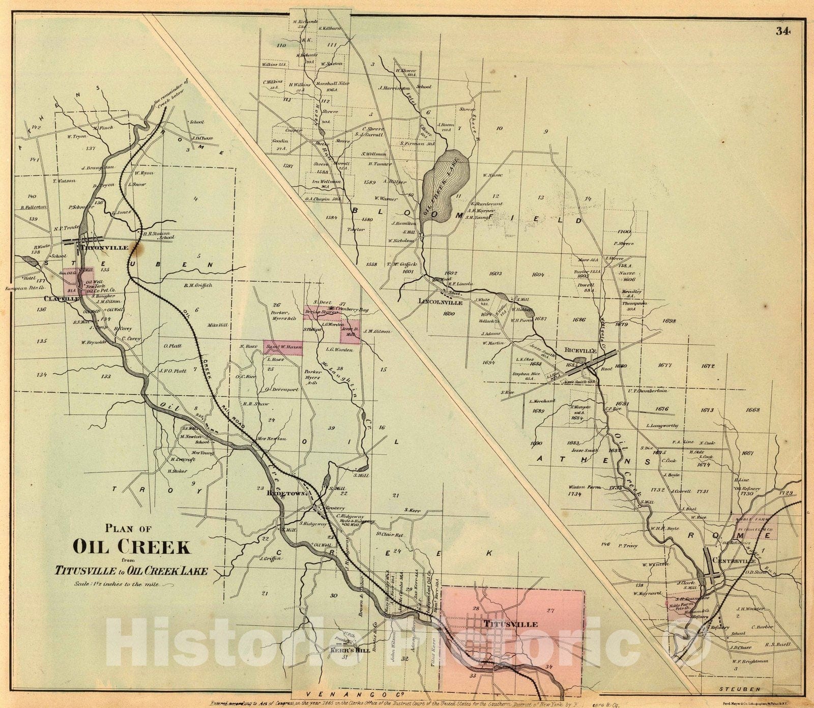 Historic Map : 1865 Oil Creek, Titusville-Oil Creek Lake. - Vintage Wall Art