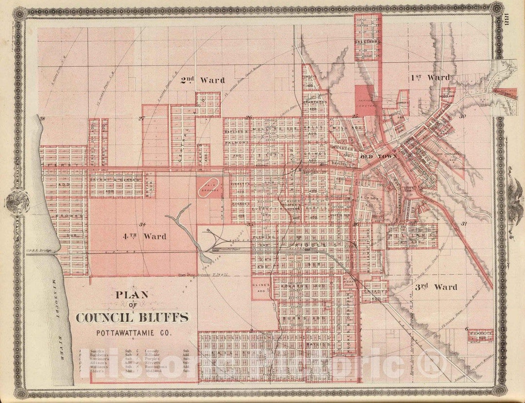 Historic Map : 1875 Plan of Council Bluffs, Pottawattamie Co, State of Iowa. - Vintage Wall Art