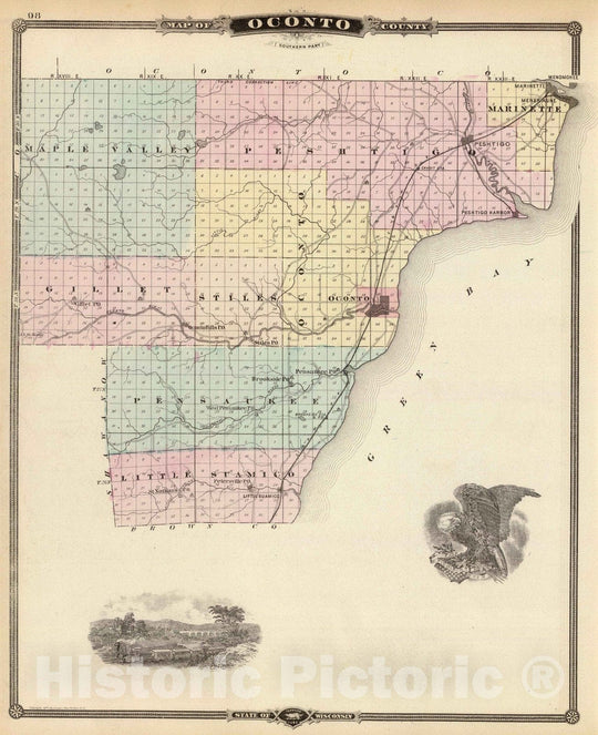 Historic Map : 1878 Map of Oconto County (southern part), State of Wisconsin. - Vintage Wall Art