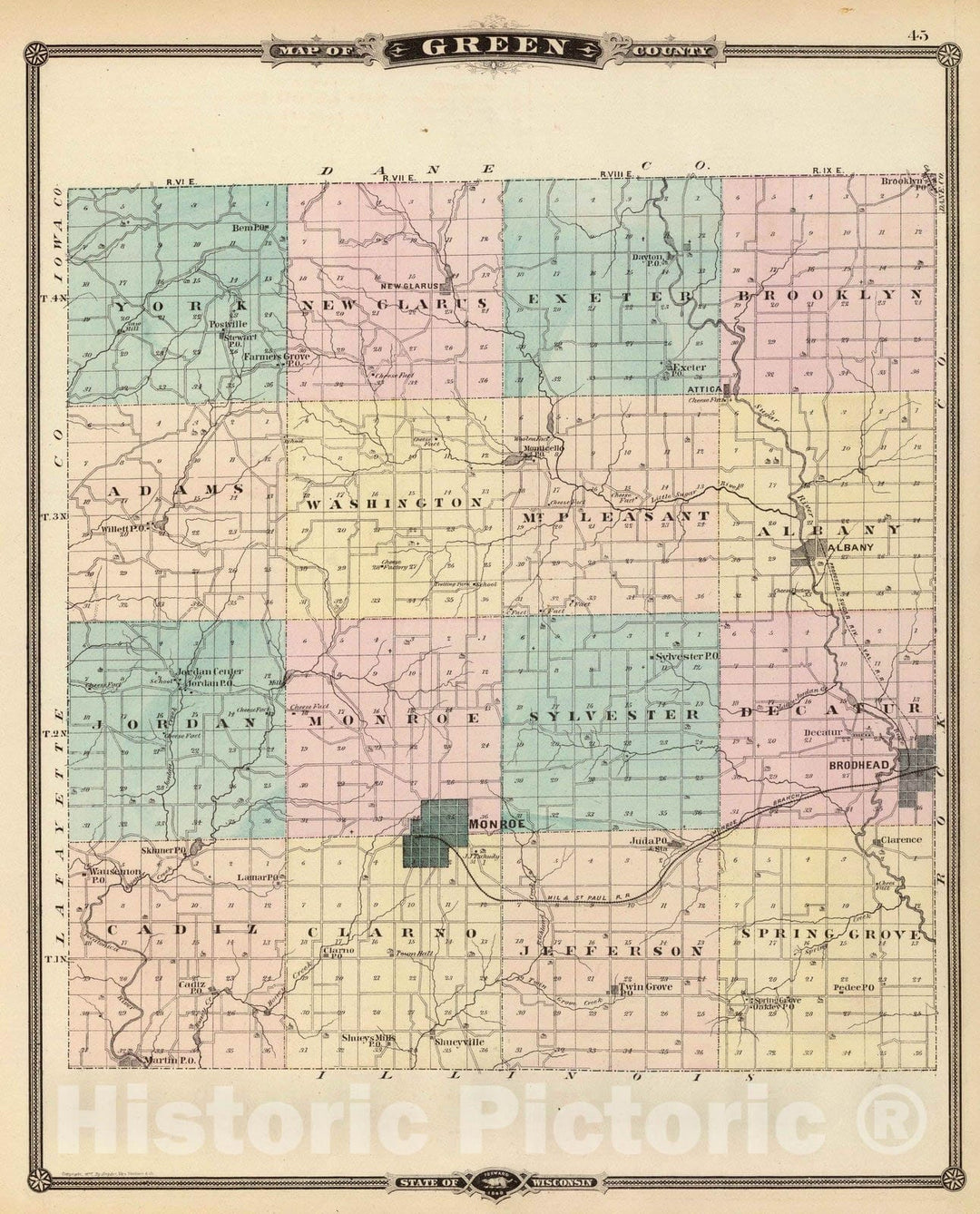 Historic Map : 1878 Map of Green County, State of Wisconsin. - Vintage Wall Art