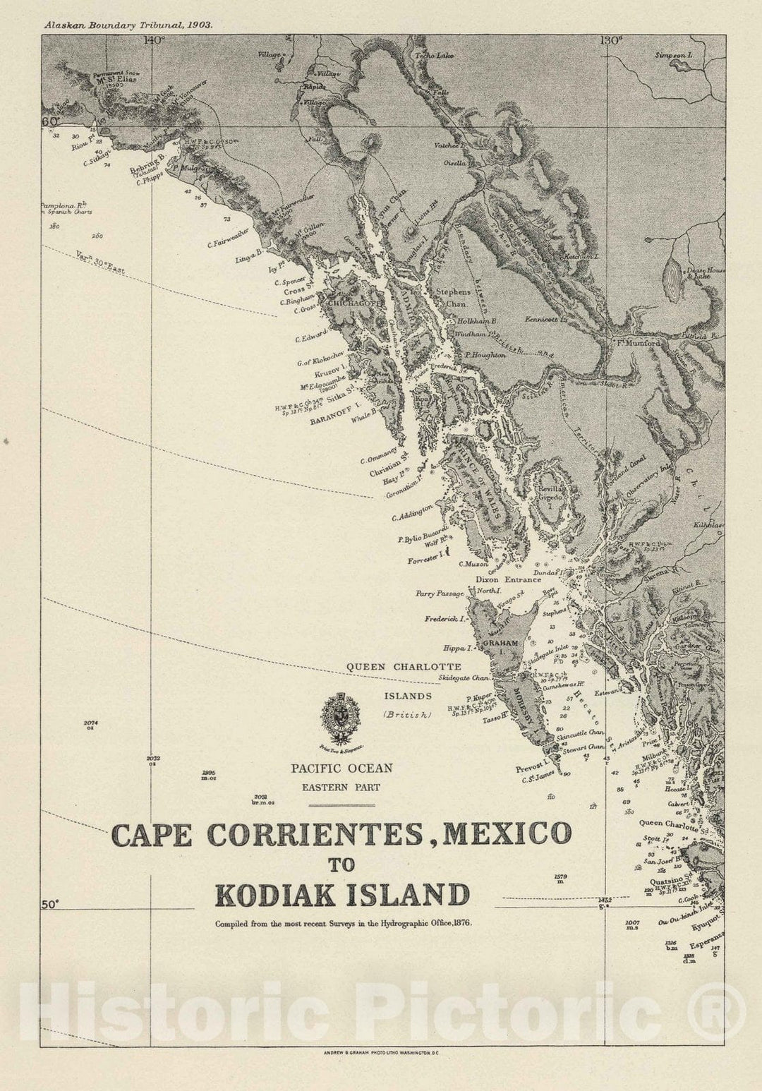 Historic Map : 1877 Pacific Ocean Eastern Part (portion), Cape Corrientes, Mexico to Kodiak Island. - Vintage Wall Art