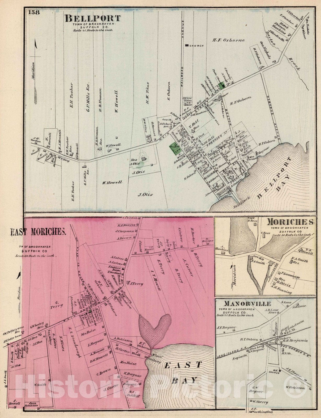 Historic Map : 1873 Bellport, East Moriches, Moriches, Manorville, in Brookhaven. Long Island. - Vintage Wall Art