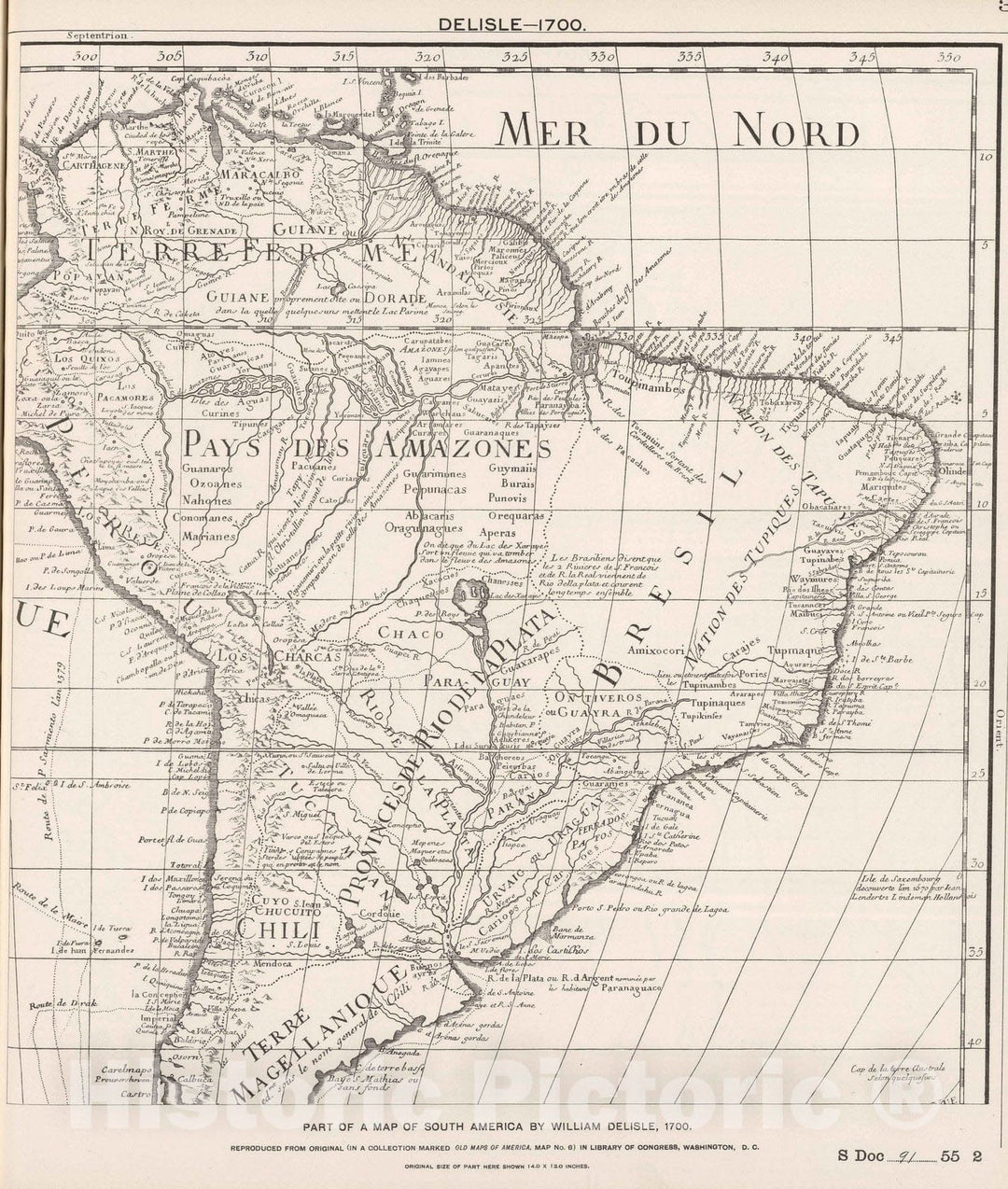 Historic Wall Map : National Atlas - 1700 Part of South America by Delisle. - Vintage Wall Art