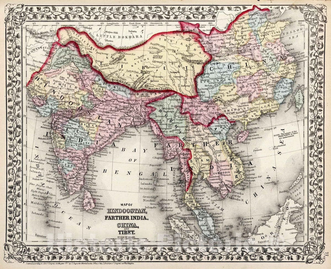 Historic Map : 1874 Map of Hindoostan, Farther India, China, and Tibet - Vintage Wall Art