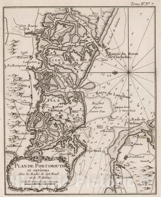 Historic Map : England, , Europe 1764 Plan de Portsmouth et environs : Avoc les Rades de Spit Head et de Ste. Helene , Vintage Wall Art