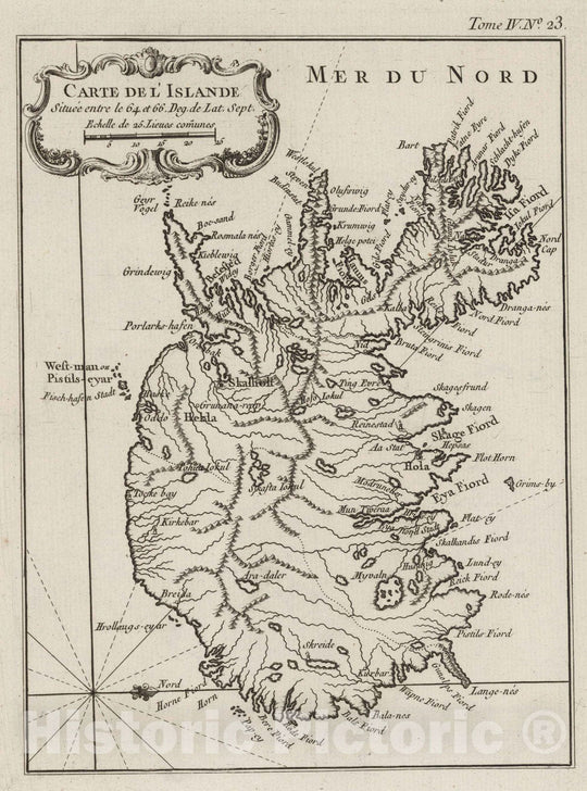 Historic Map : Iceland, , Europe 1764 Carte De L'Islande : Situe?e entre le 64. et 66. Deg. de Lat. Sept. , Vintage Wall Art