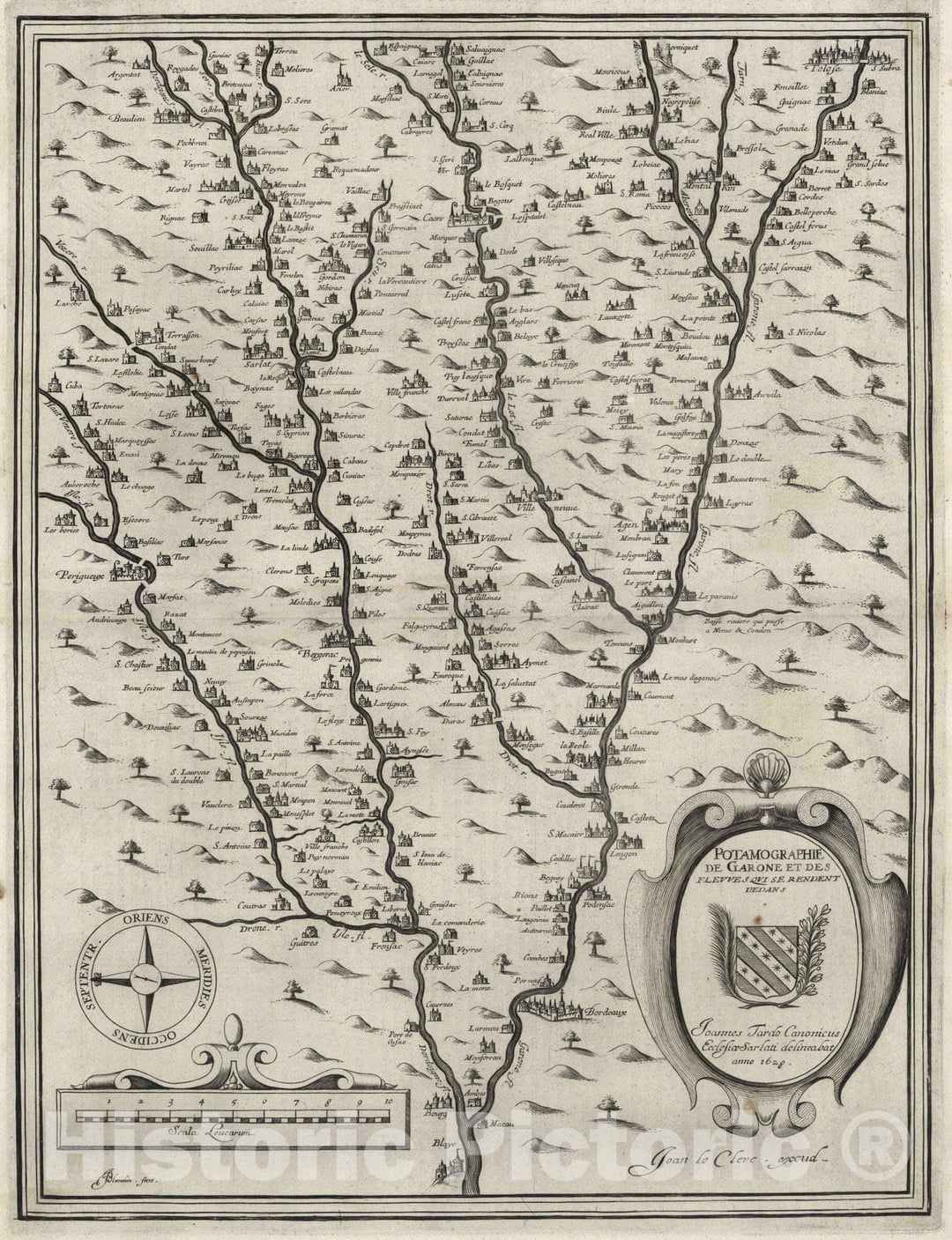 Historic Map : Garonne River , France 1628 Potamographie de Garone et des Fleuves qui Rendent Dedans. , Vintage Wall Art