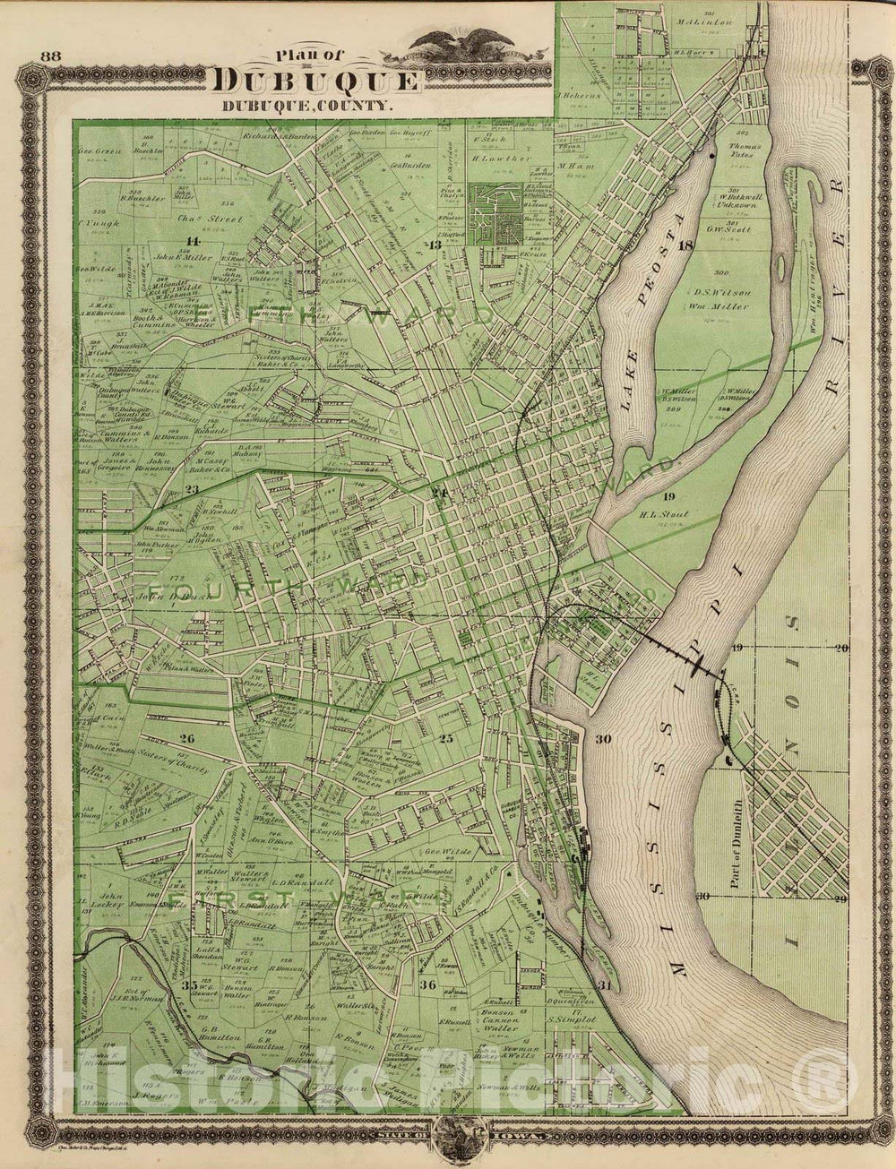 Historic Map - 1875 Plan of Dubuque, Dubuque County, State of Iowa. - Vintage Wall Art