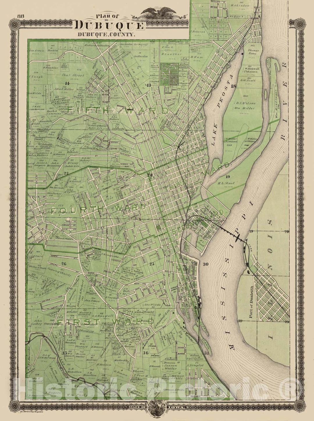 Historic Map - 1875 Plan of Dubuque, Dubuque County, State of Iowa. - Vintage Wall Art