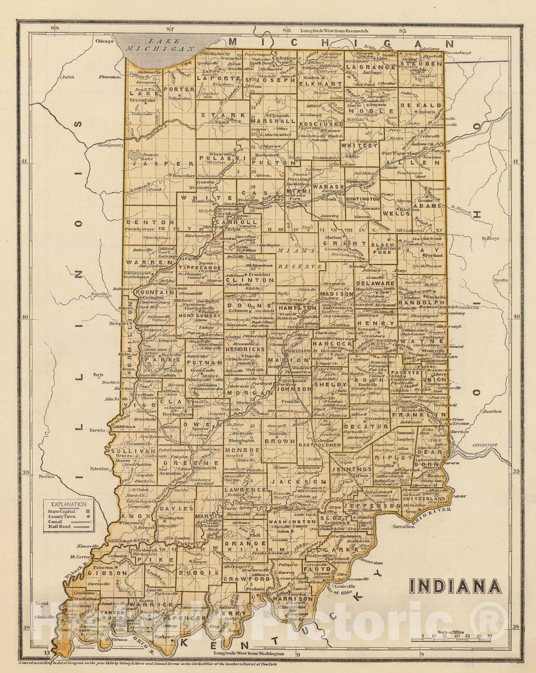 Historic Map : National Atlas - 1845 Indiana. - Vintage Wall Art