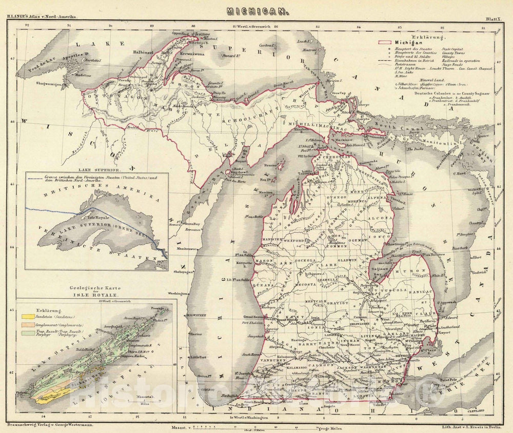 Historic Map : National Atlas - 1854 Michigan. - Vintage Wall Art