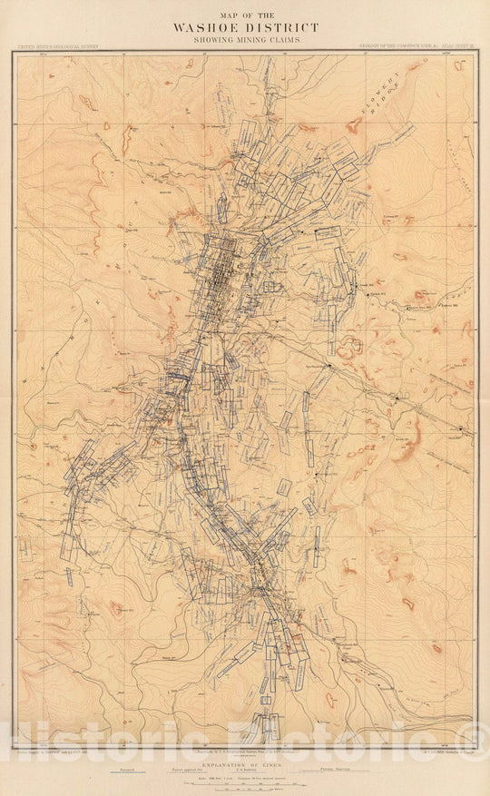 Historic Map : Geologic Atlas - 1882 Map of the Washoe District Showing Mining Claims. - Vintage Wall Art