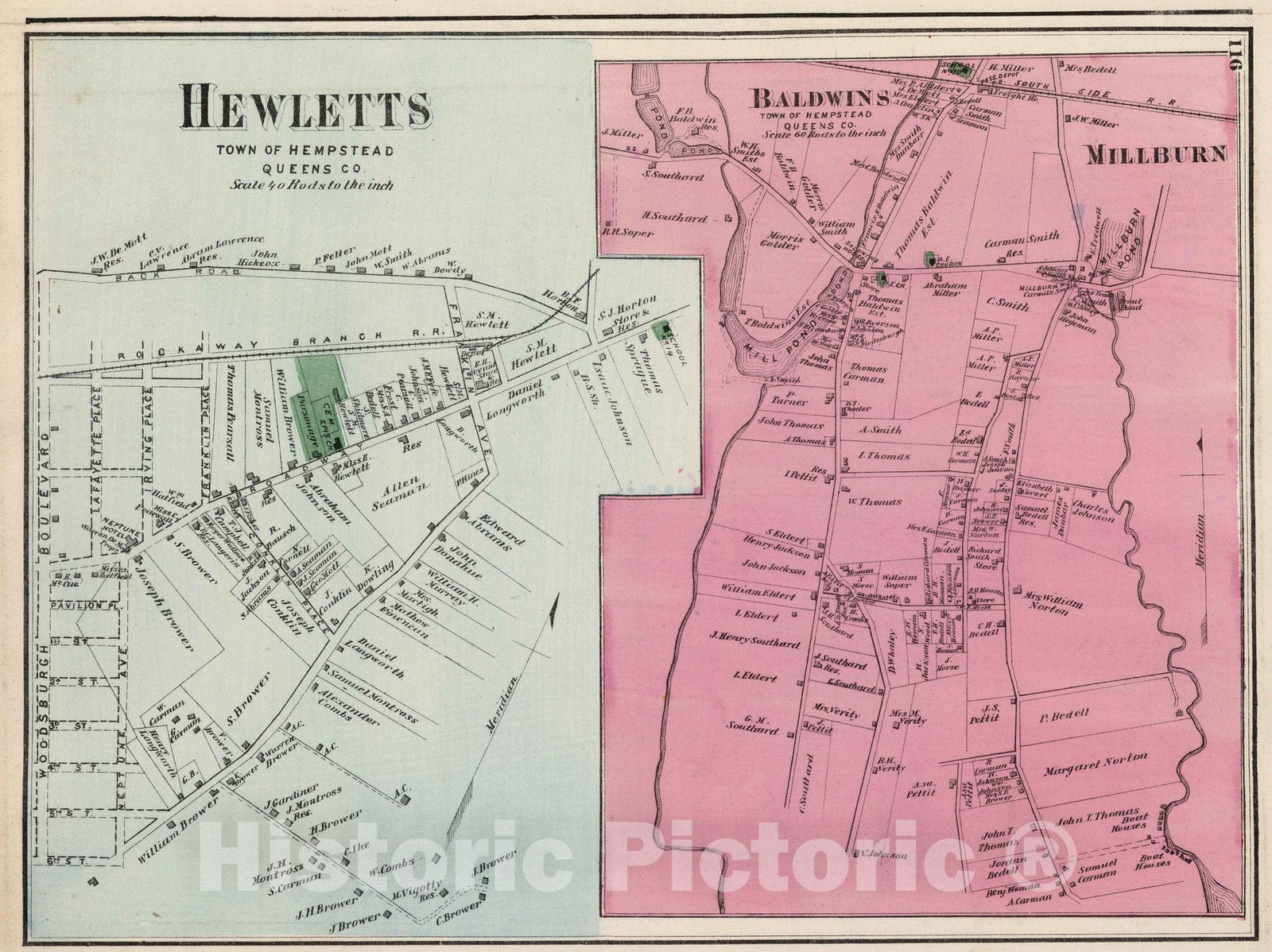 Historic Map : 1873 Hewletts, in Hempstead. Long Island. - Vintage Wall Art