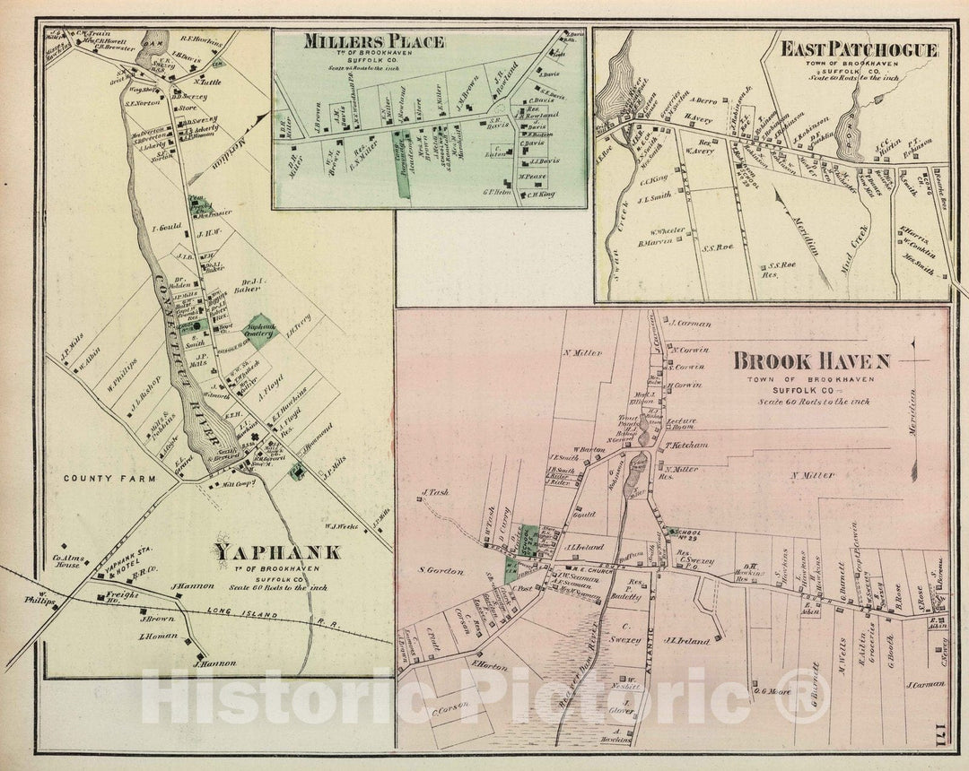 Historic Map : 1873 Millers Place, East Patchogue, Yaphank, Brook Haven, in Brookhaven. Long Island. - Vintage Wall Art