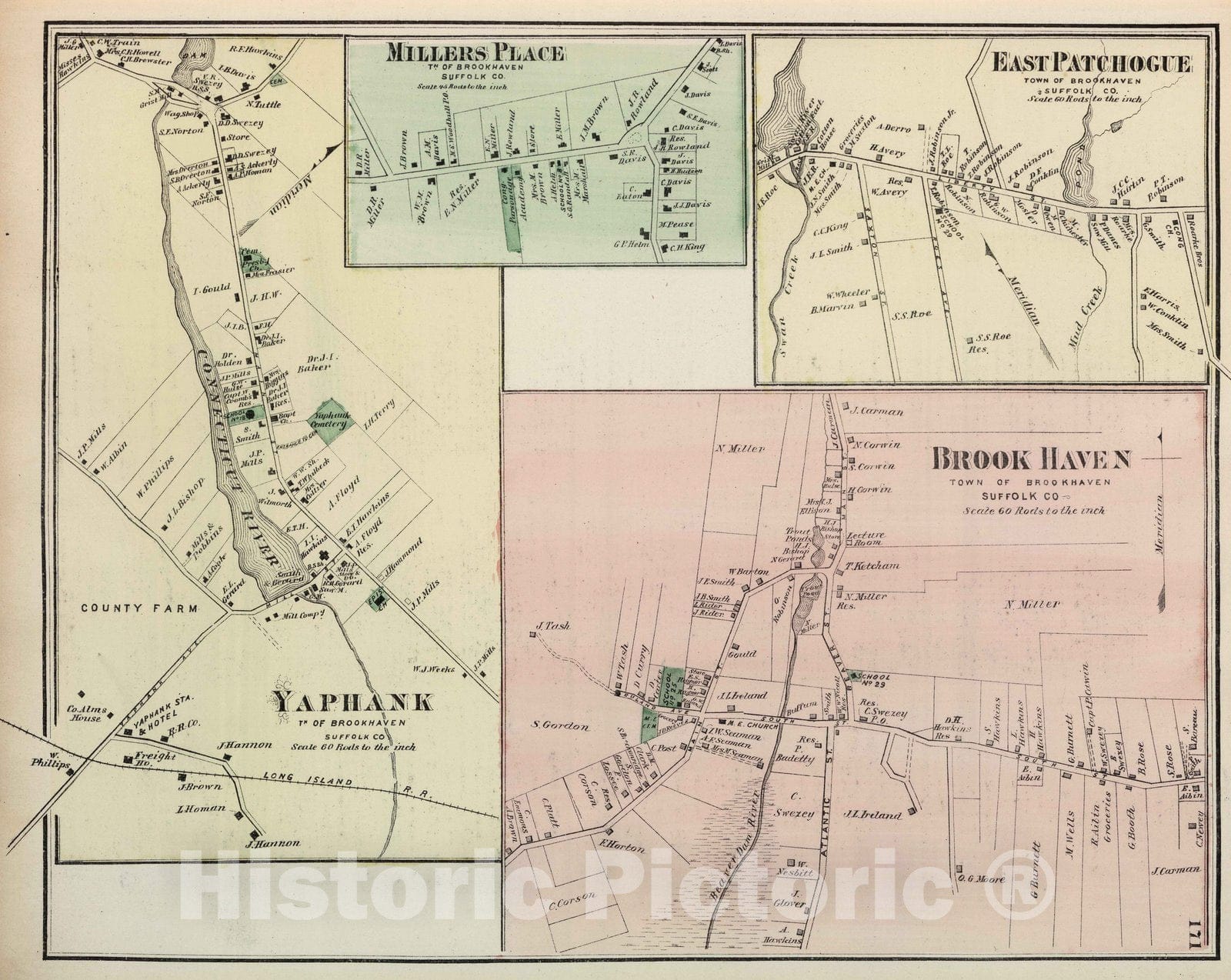 Historic Map : 1873 Millers Place, East Patchogue, Yaphank, Brook Haven, in Brookhaven. Long Island. - Vintage Wall Art