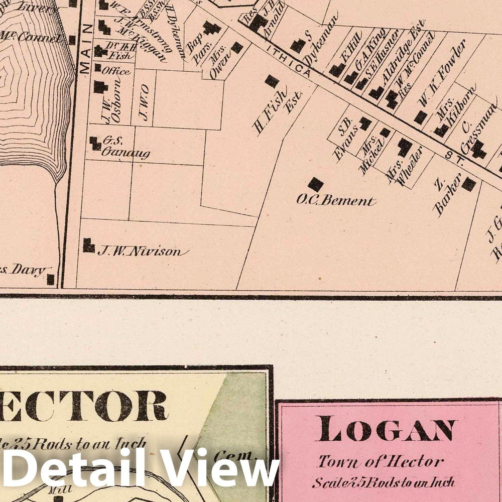 Historic Map : 1874 Mecklenburg. Perry City. North Hector. Logan, New York. - Vintage Wall Art