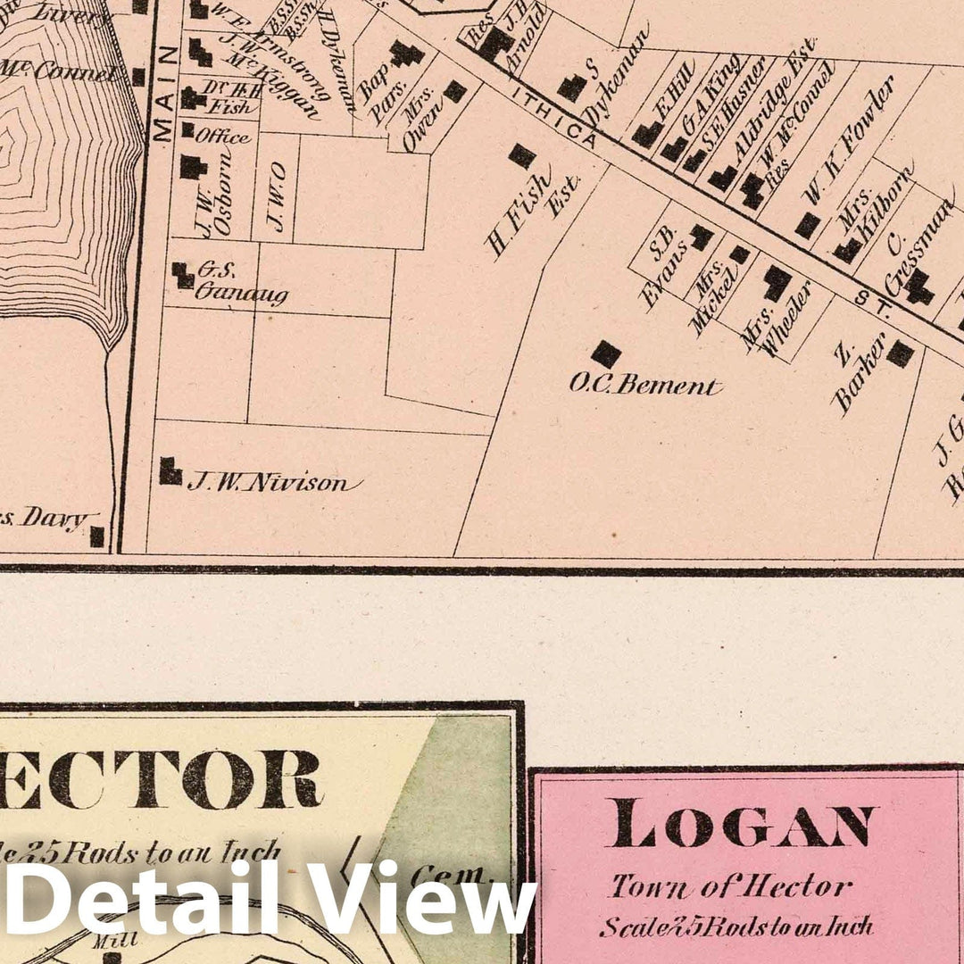 Historic Map : 1874 Mecklenburg. Perry City. North Hector. Logan, New York. - Vintage Wall Art