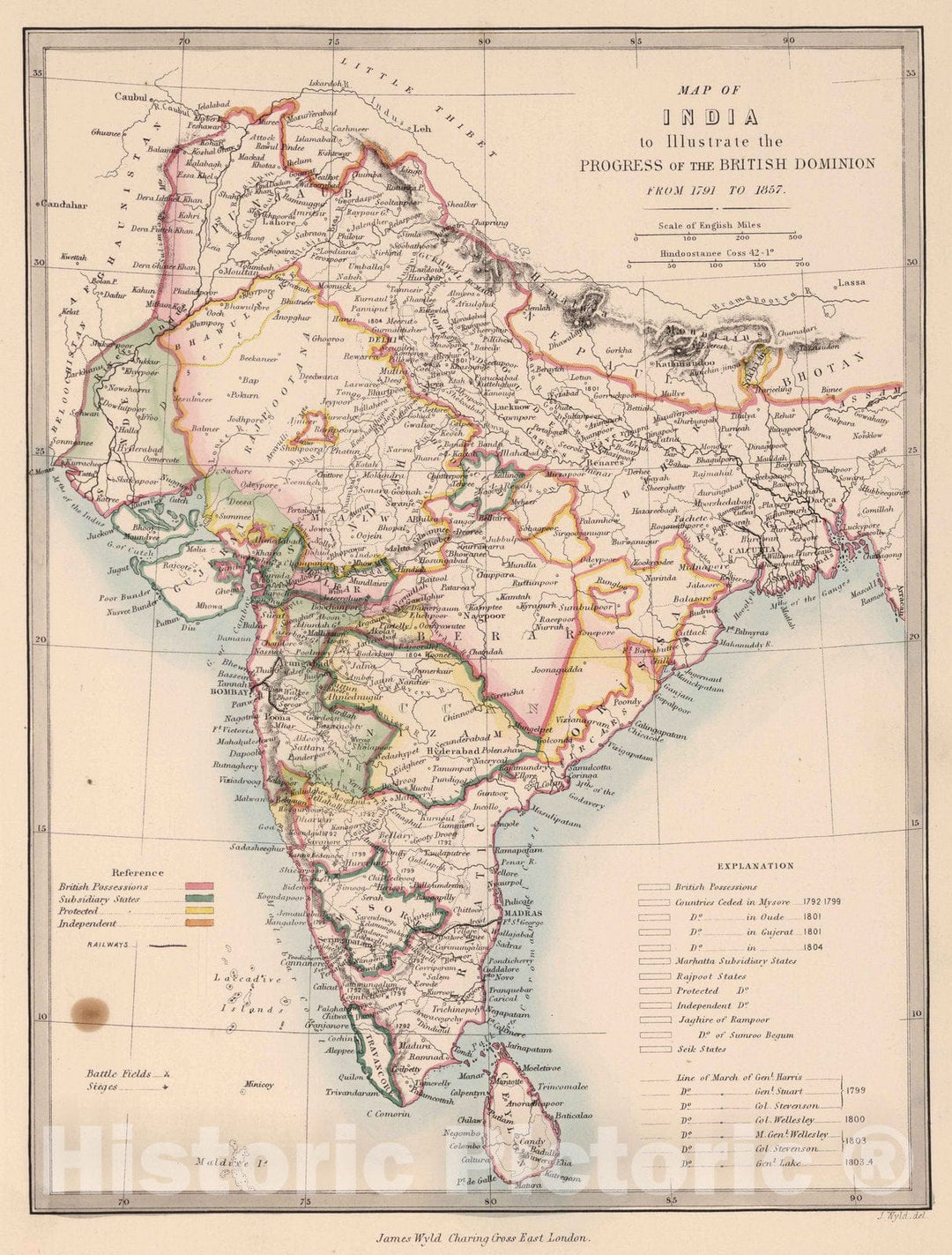 Historic Wall Map : Map of India to Illustrate the Progress of the British Dominion from 1791 to 1857 - Vintage Wall Art