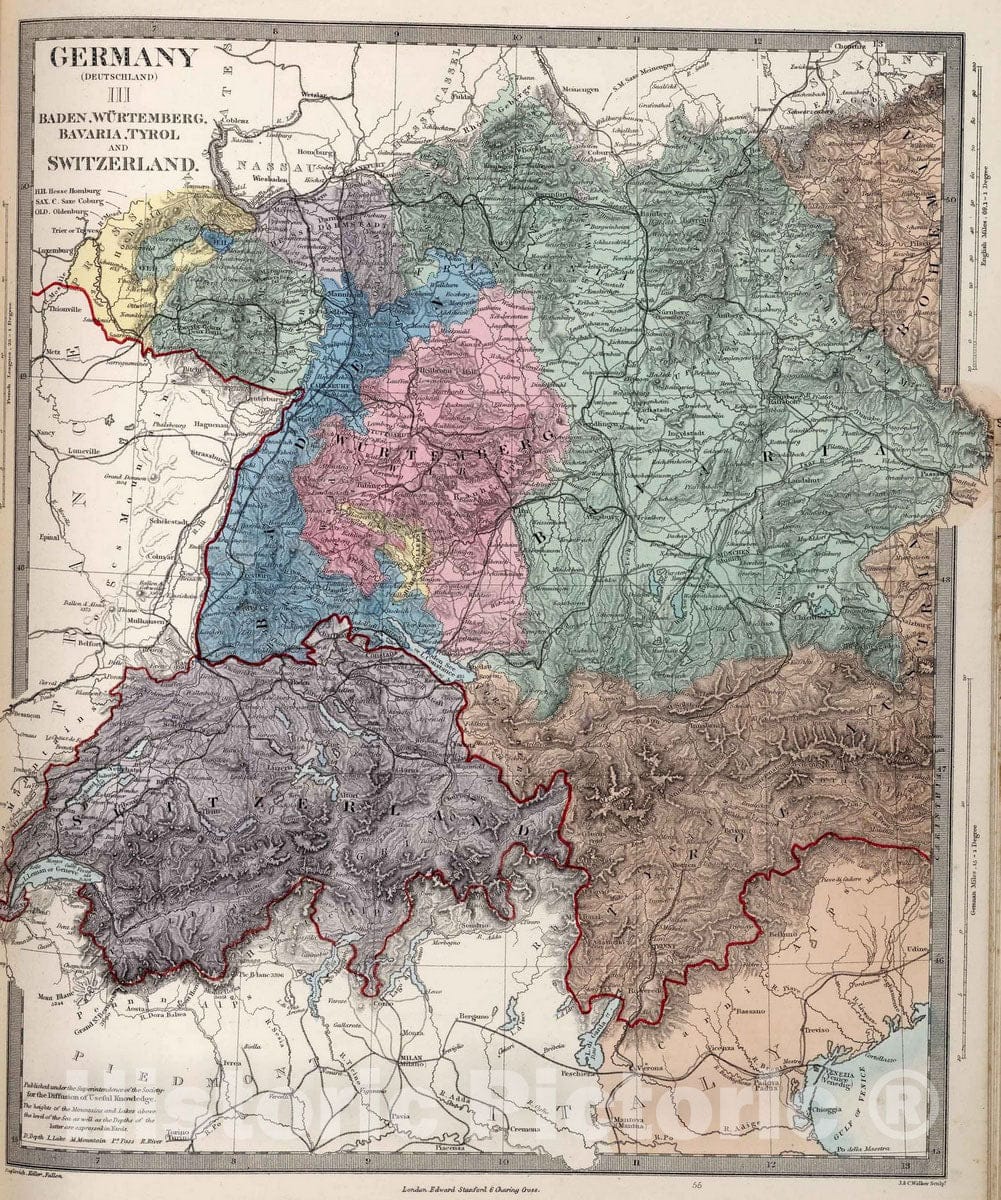 Historic Map : 1865 Germany (Deutchland) III. Baden, Wurtemberg, Ravaria, Tyrol and Switzerland. - Vintage Wall Art