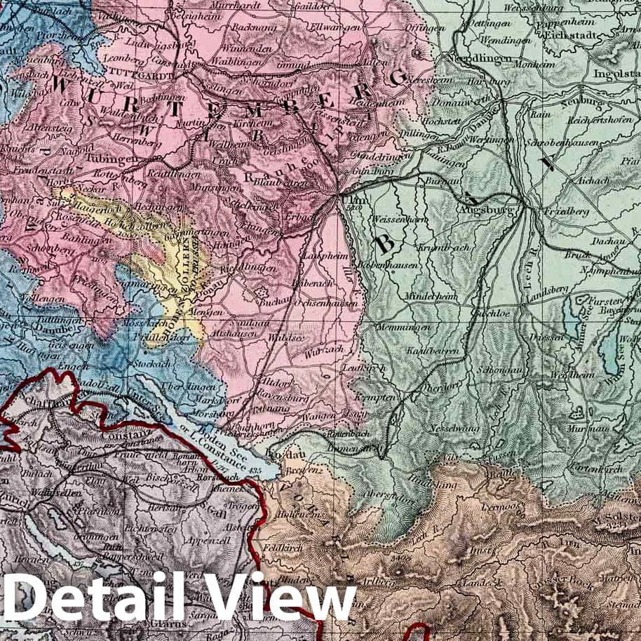 Historic Map : 1865 Germany (Deutchland) III. Baden, Wurtemberg, Ravaria, Tyrol and Switzerland. - Vintage Wall Art