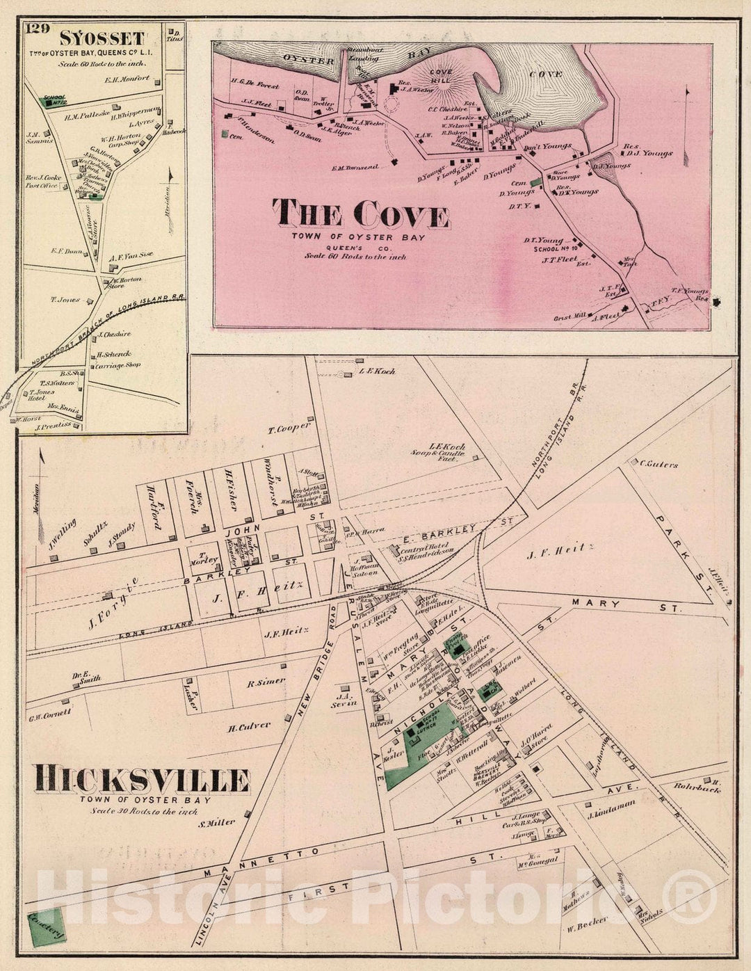 Historic Map : 1873 Hicksville, Syosset, The Cove, in Oyster Bay. Long Island. - Vintage Wall Art