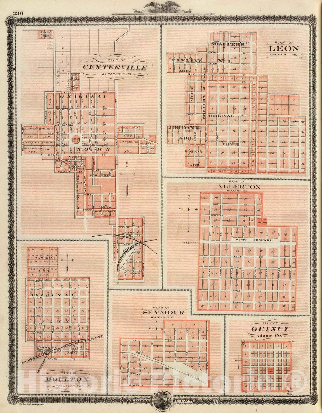 Historic Wall Map : 1875 Plans of Centerville, Leon, Moulton, Seymour and Quincy, State of Iowa. - Vintage Wall Art